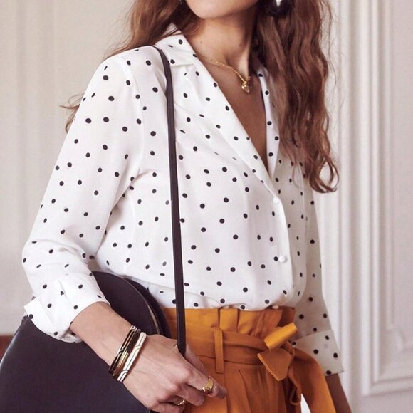 Black And White Elegan t Women's Polka Dot Shirt Blouse With Pocket details - Picture 5 of 11